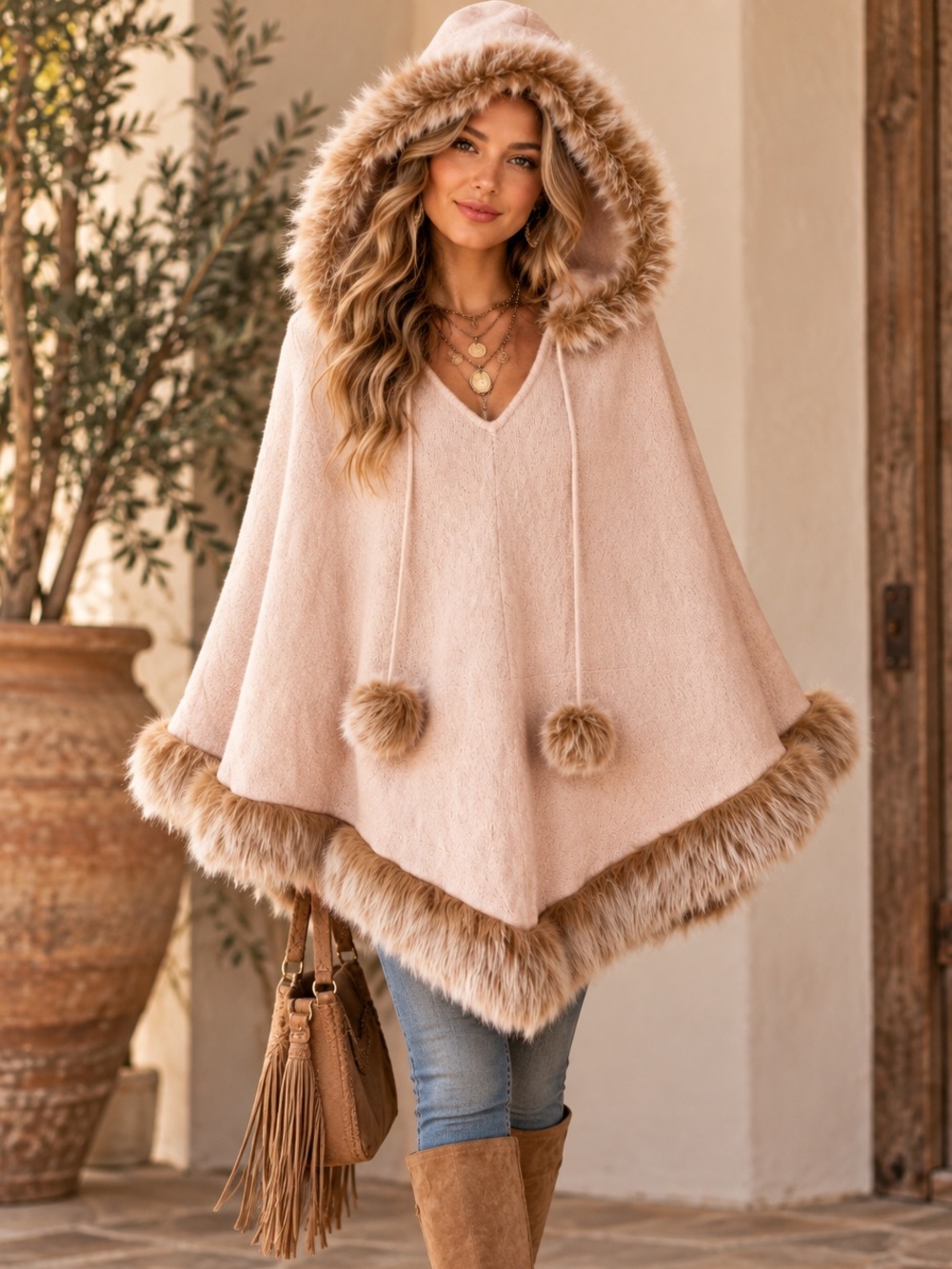 ANTHROPOLOGIE TULLE Wool Blend Oatmeal Faux Fur Trim Boho Luxe Cape/Poncho